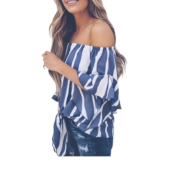 Striped Off Shoulder Tie Front Top - Picture 2 of 3